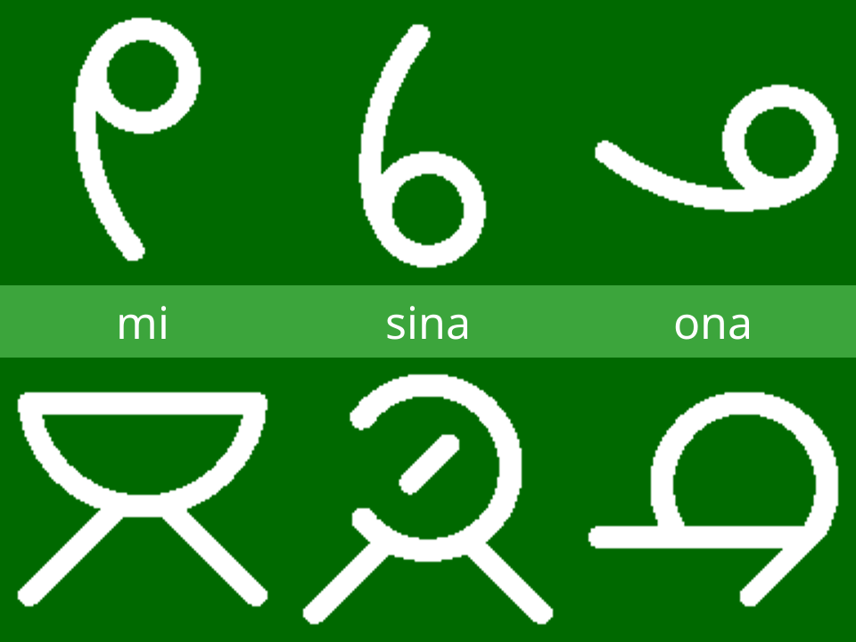 sitelen pona glyphs for mi, sina and ona.