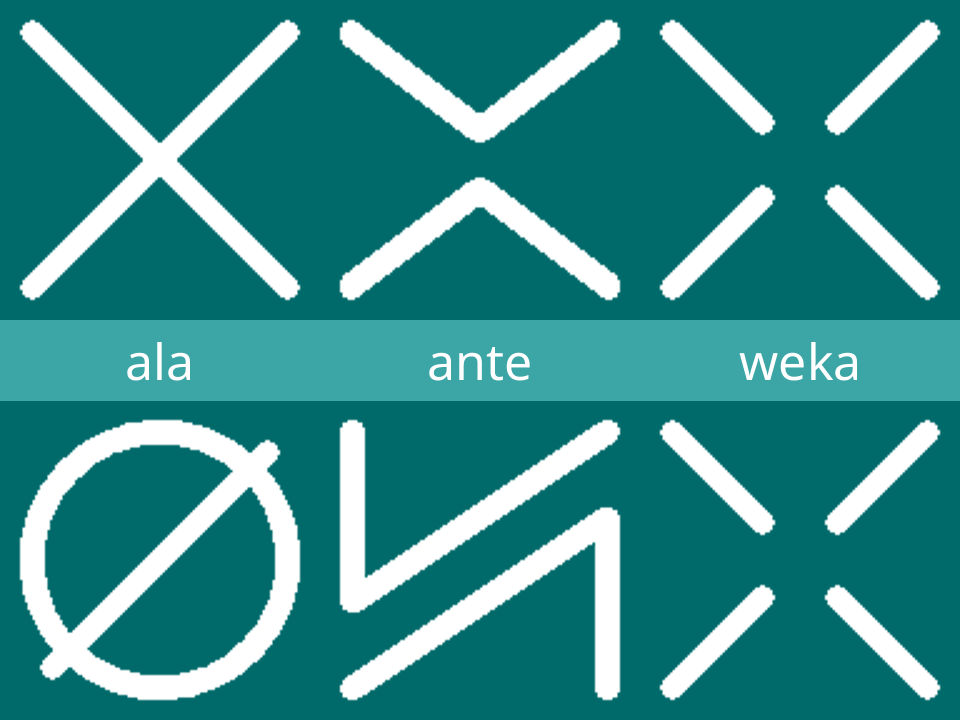sitelen pona glyphs for ala, ante and weka.