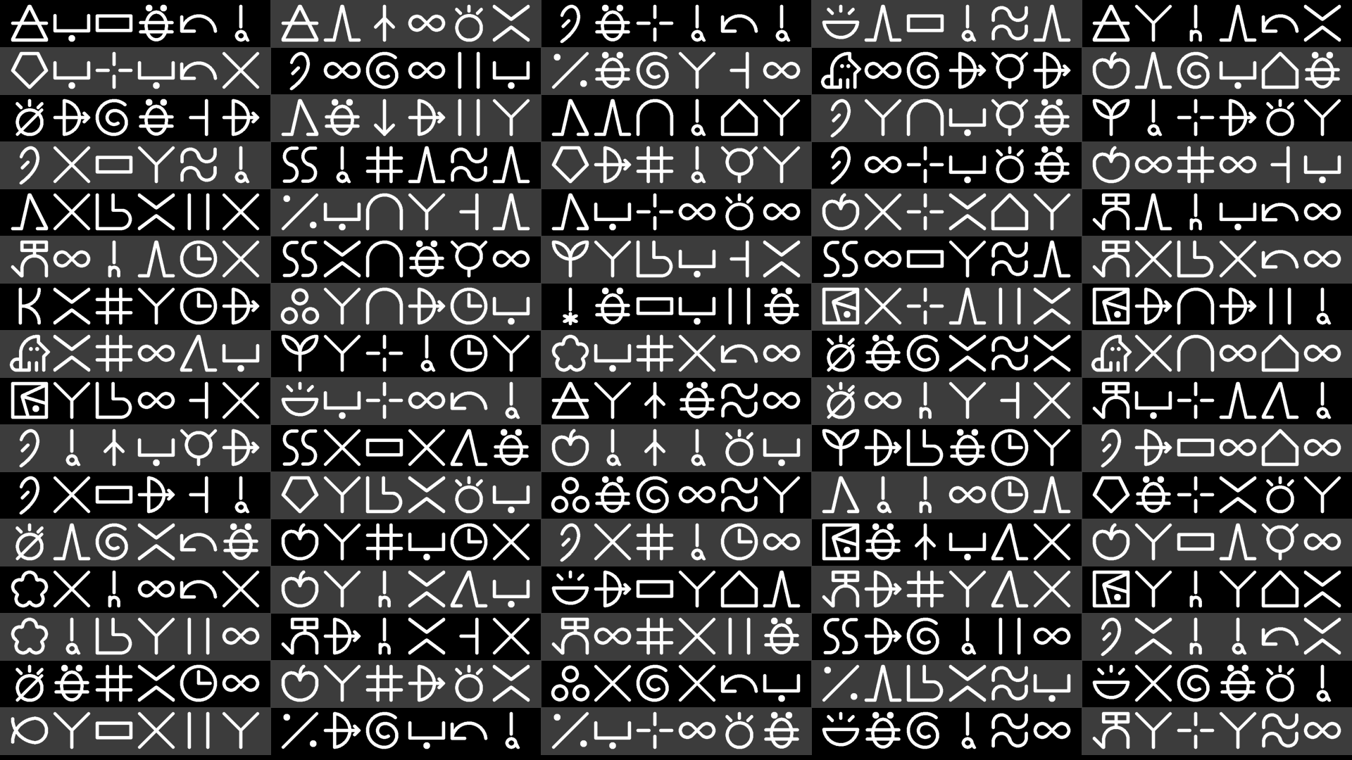 80 rectangles arranged in a grid, each displaying six sitelen pona glyphs spelling out 'Kanata'. None of the names are exactly alike.